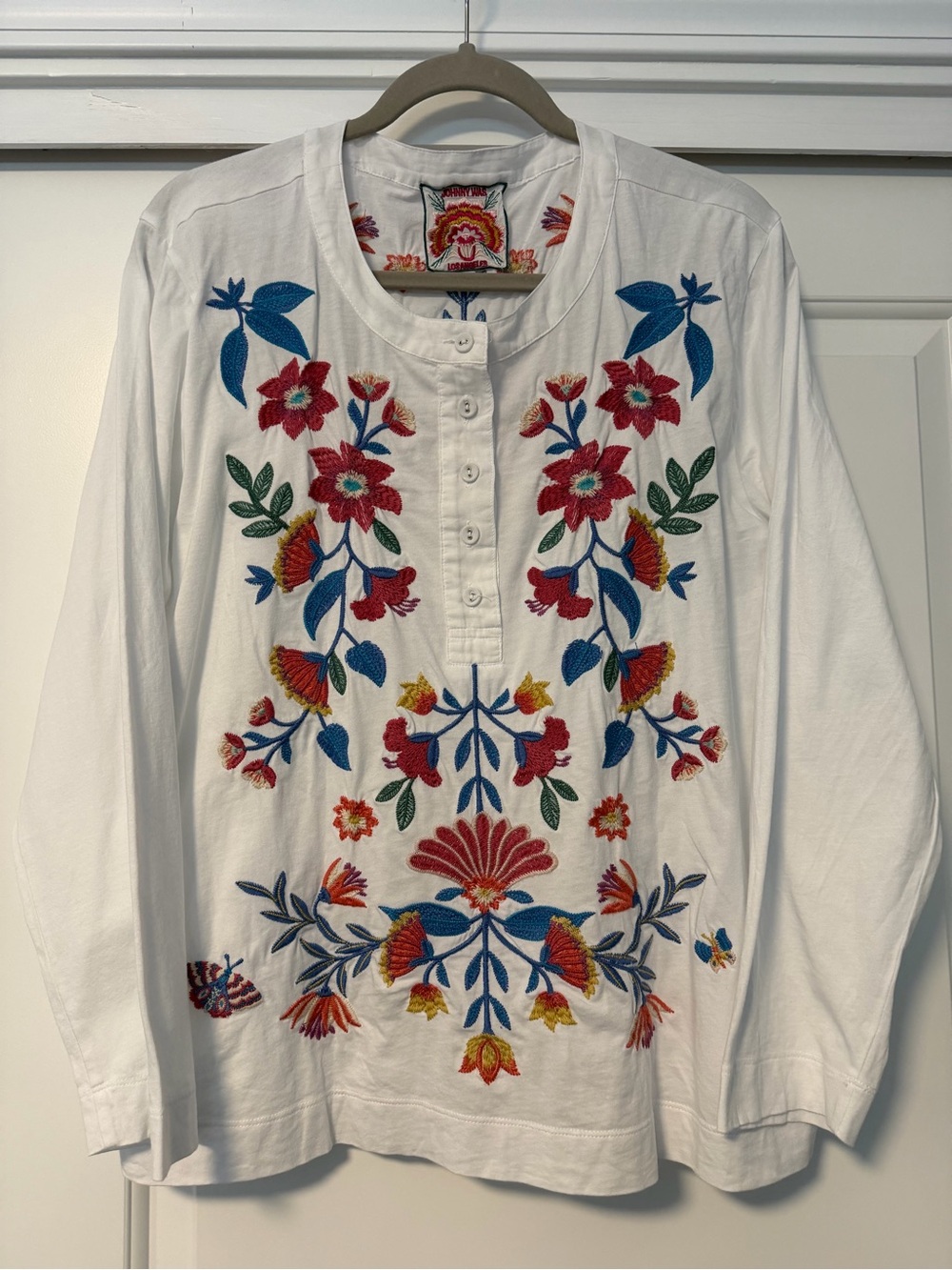 Johnny Was: Henley Cotton Embroidered Top EUC!